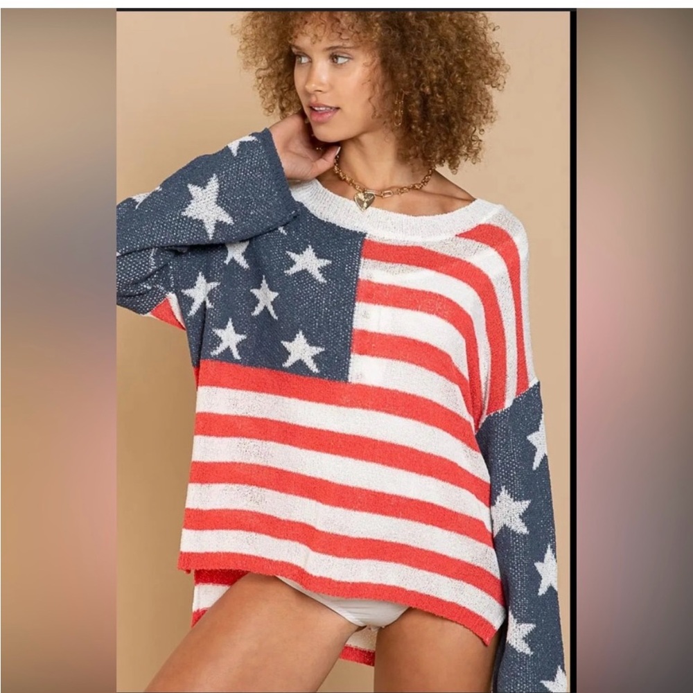 POL Lightweight Red, White, and Blue Star Flag Sweater Size Large NWT